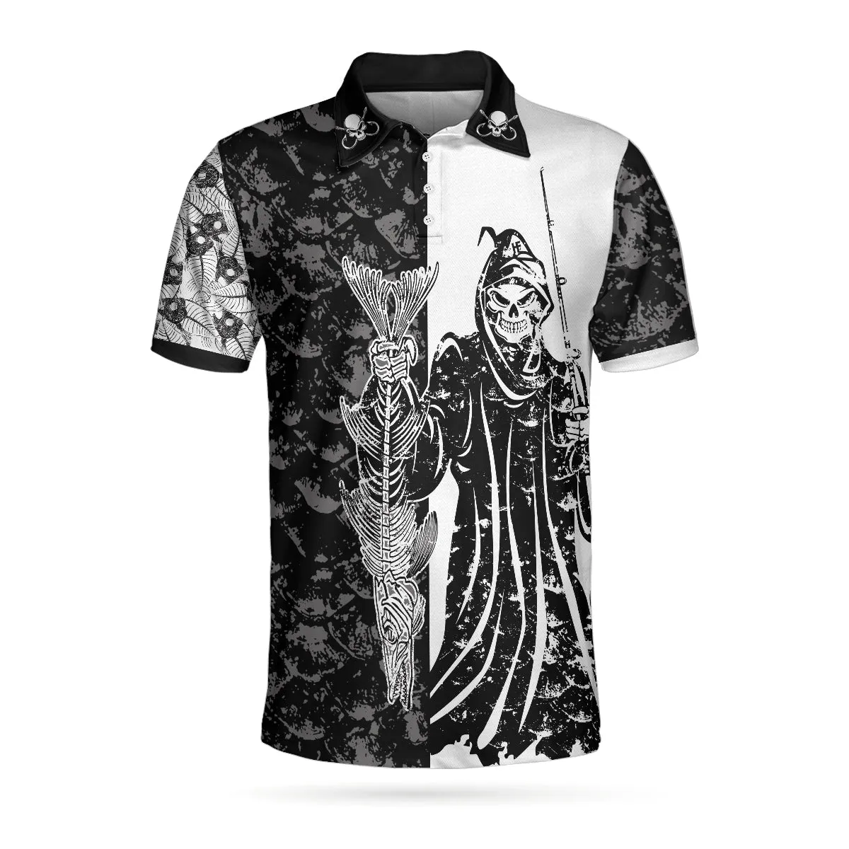 Black & White Fish Reaper With Grim Reaper Polo Shirt, Skull Polo Shirt, Best Fishing Shirt For Men