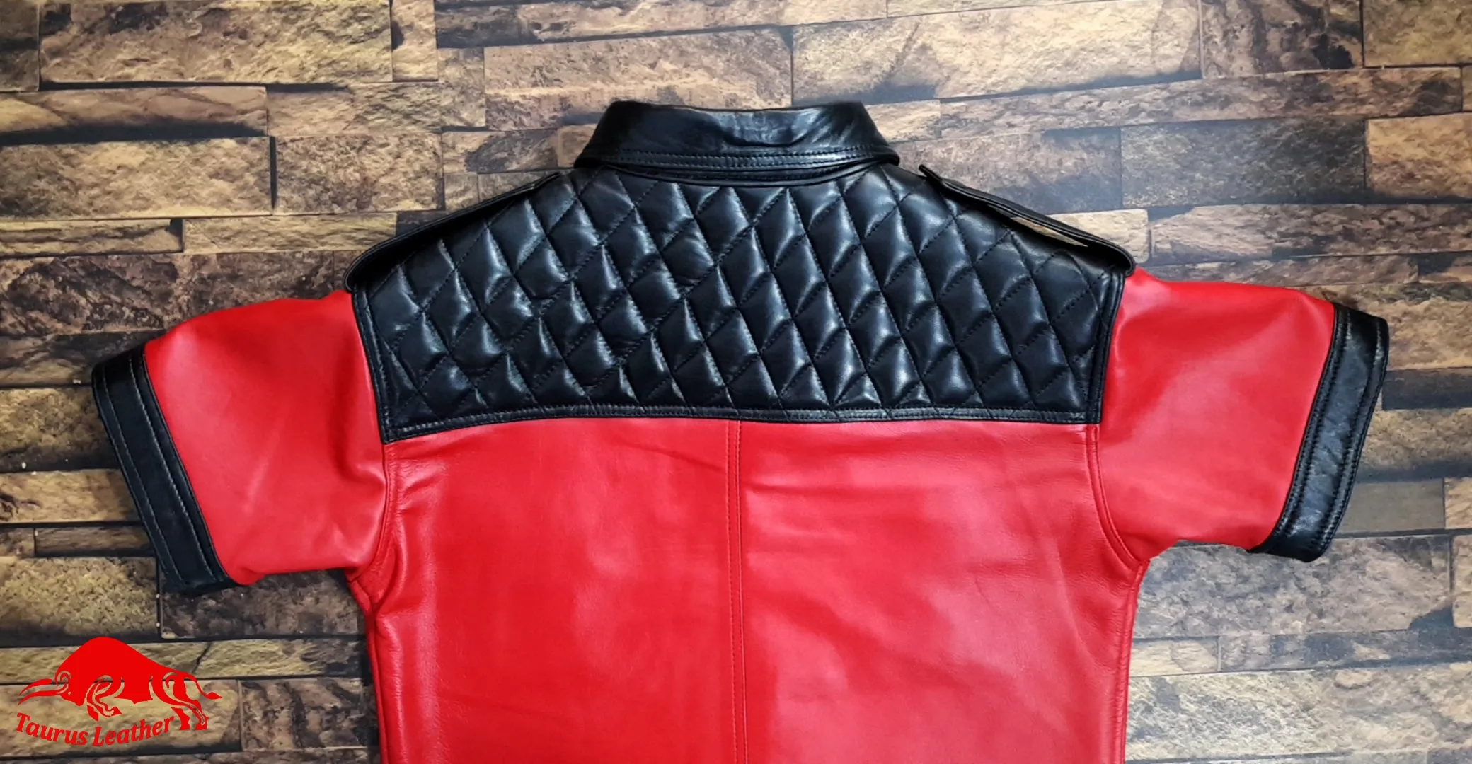 Black And Red Sheep Leather Shirt Quilted Design