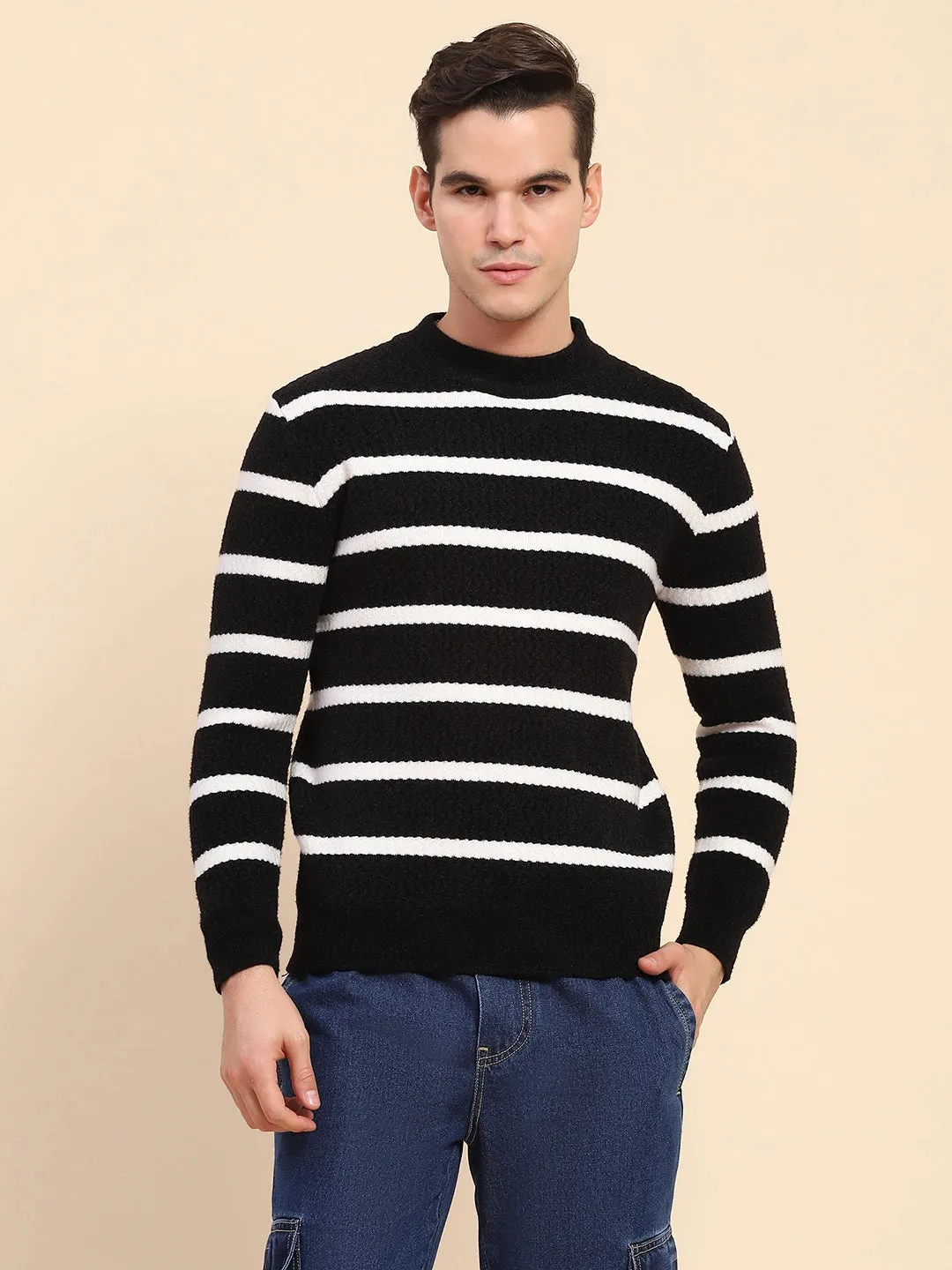 Black Poly Blend Knit Striped Winter Wear Pullover