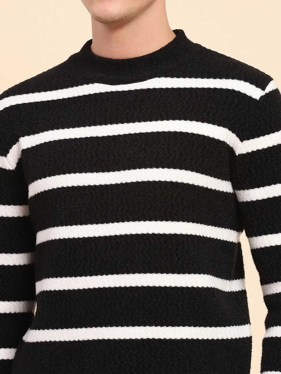 Black Poly Blend Knit Striped Winter Wear Pullover