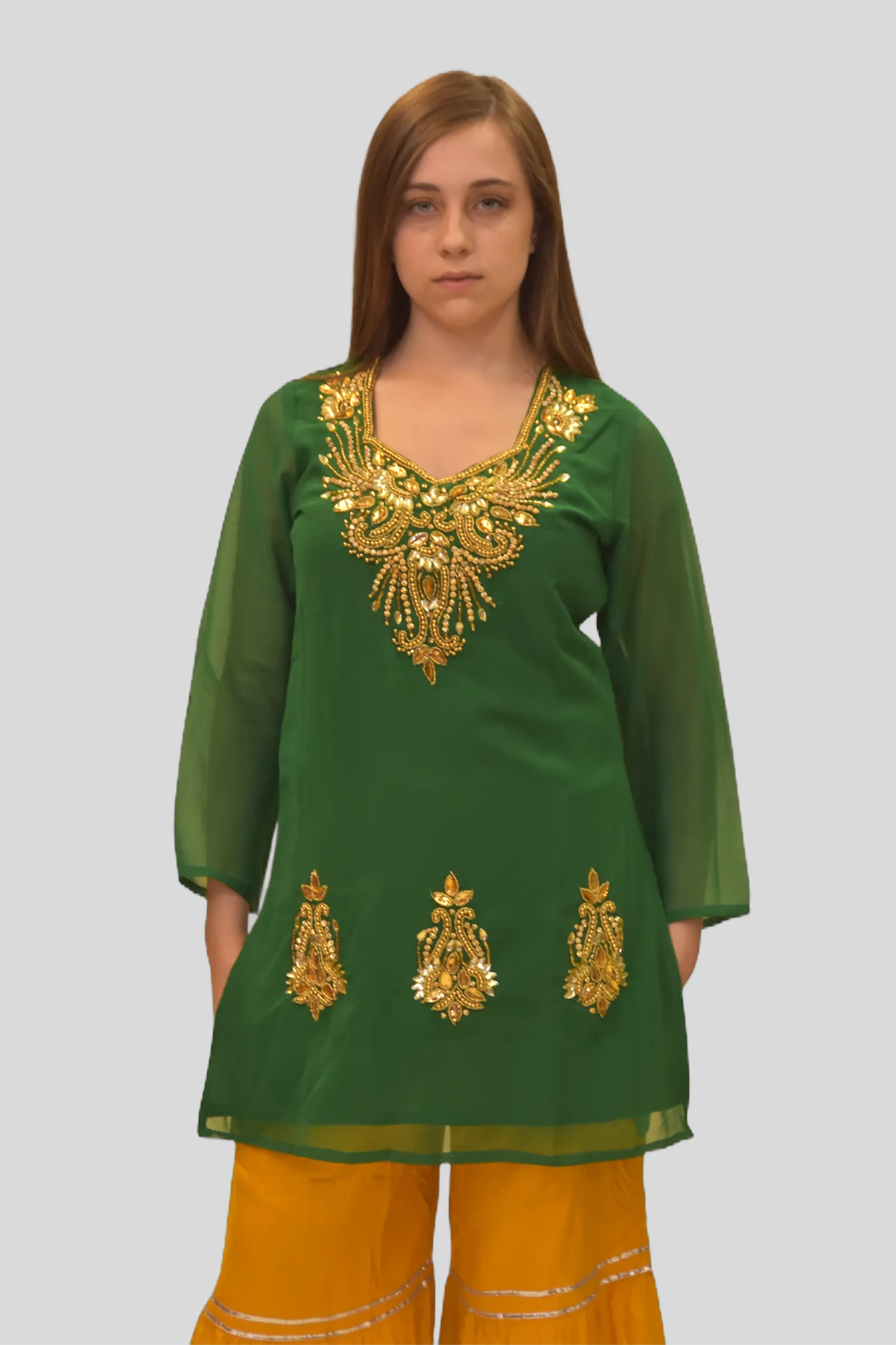 Cotton Chiffon Emerald Green Embroidered Tunic