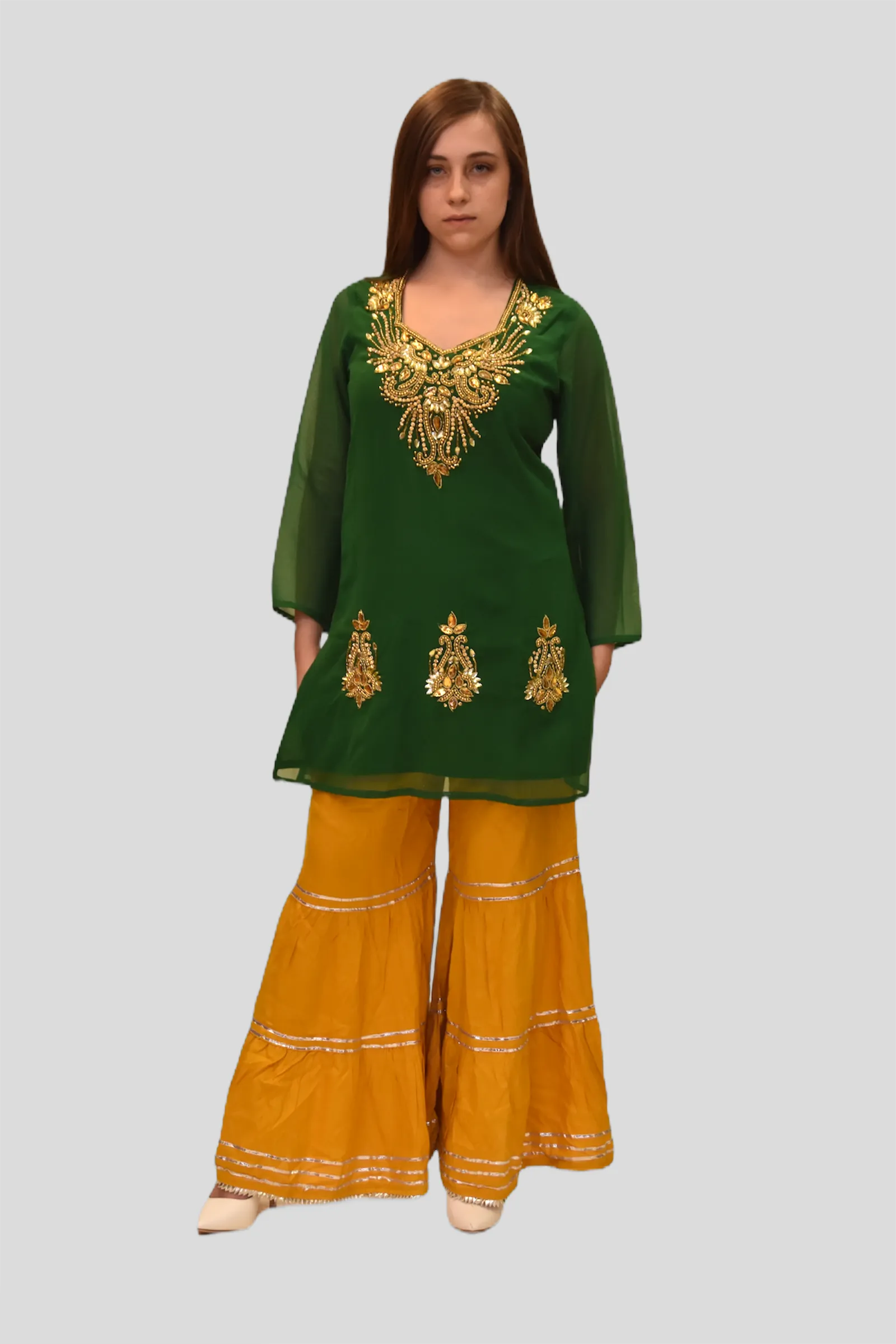 Cotton Chiffon Emerald Green Embroidered Tunic