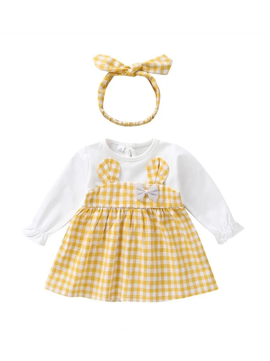 Fall Baby Girl Cute Outfit 2-Piece Plaid Dress Matching Headband