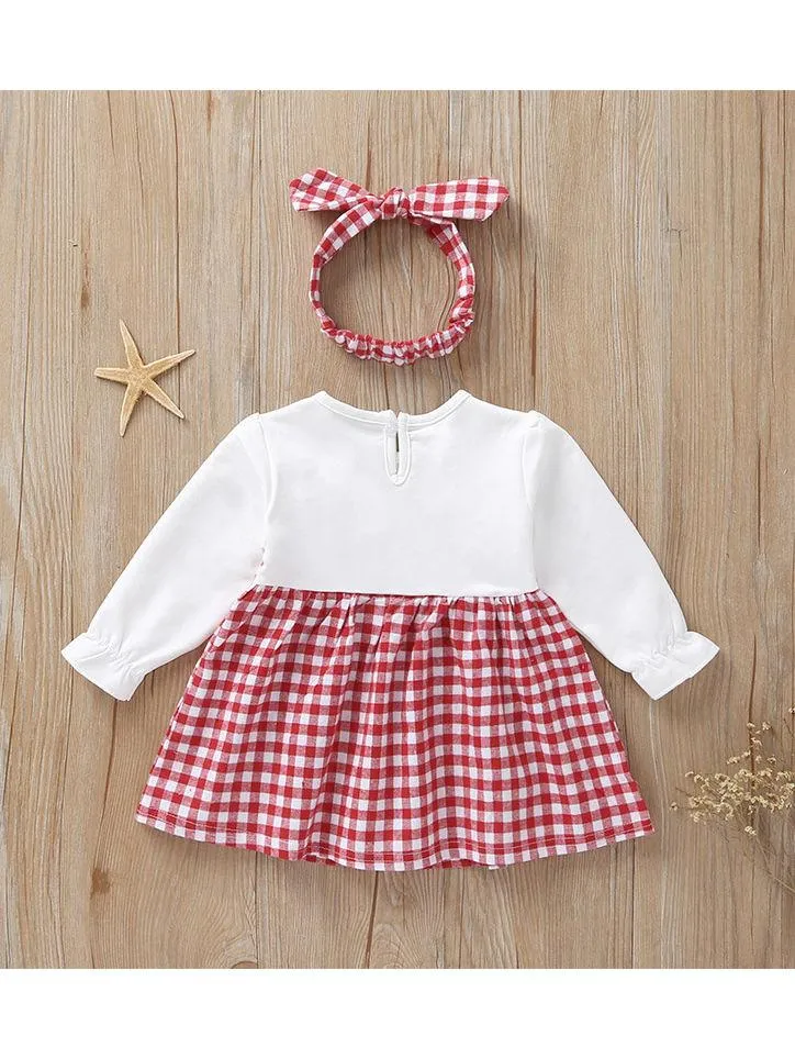 Fall Baby Girl Cute Outfit 2-Piece Plaid Dress Matching Headband