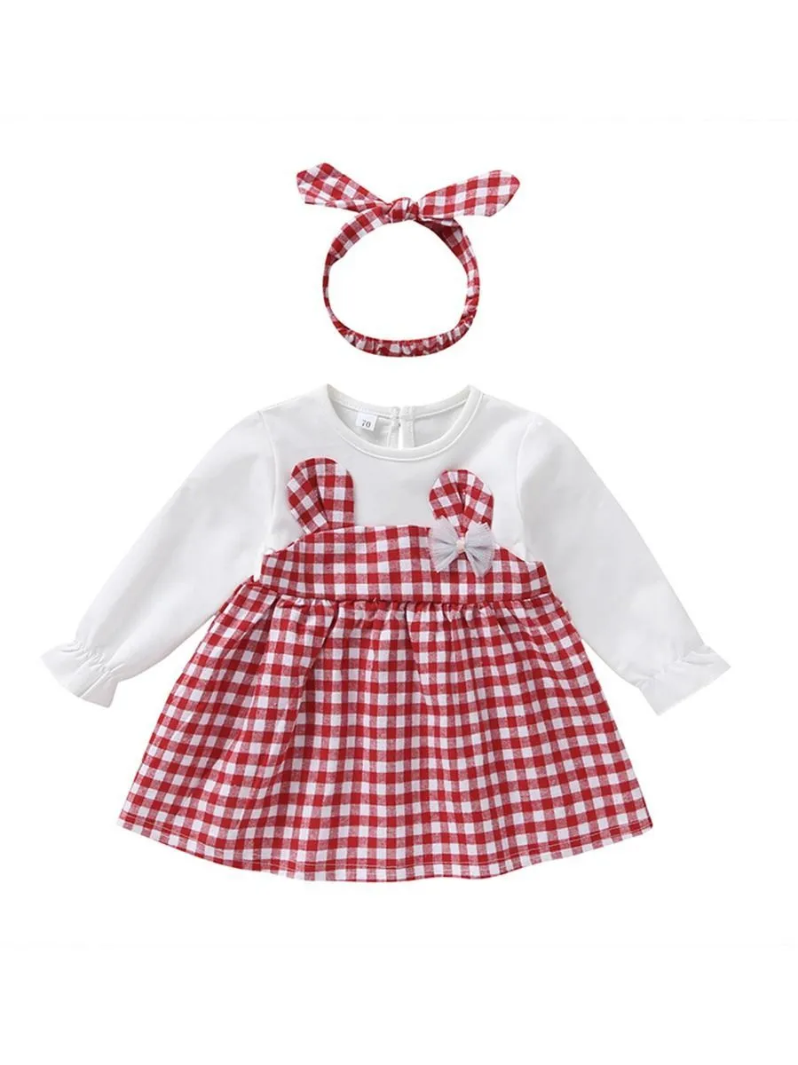 Fall Baby Girl Cute Outfit 2-Piece Plaid Dress Matching Headband