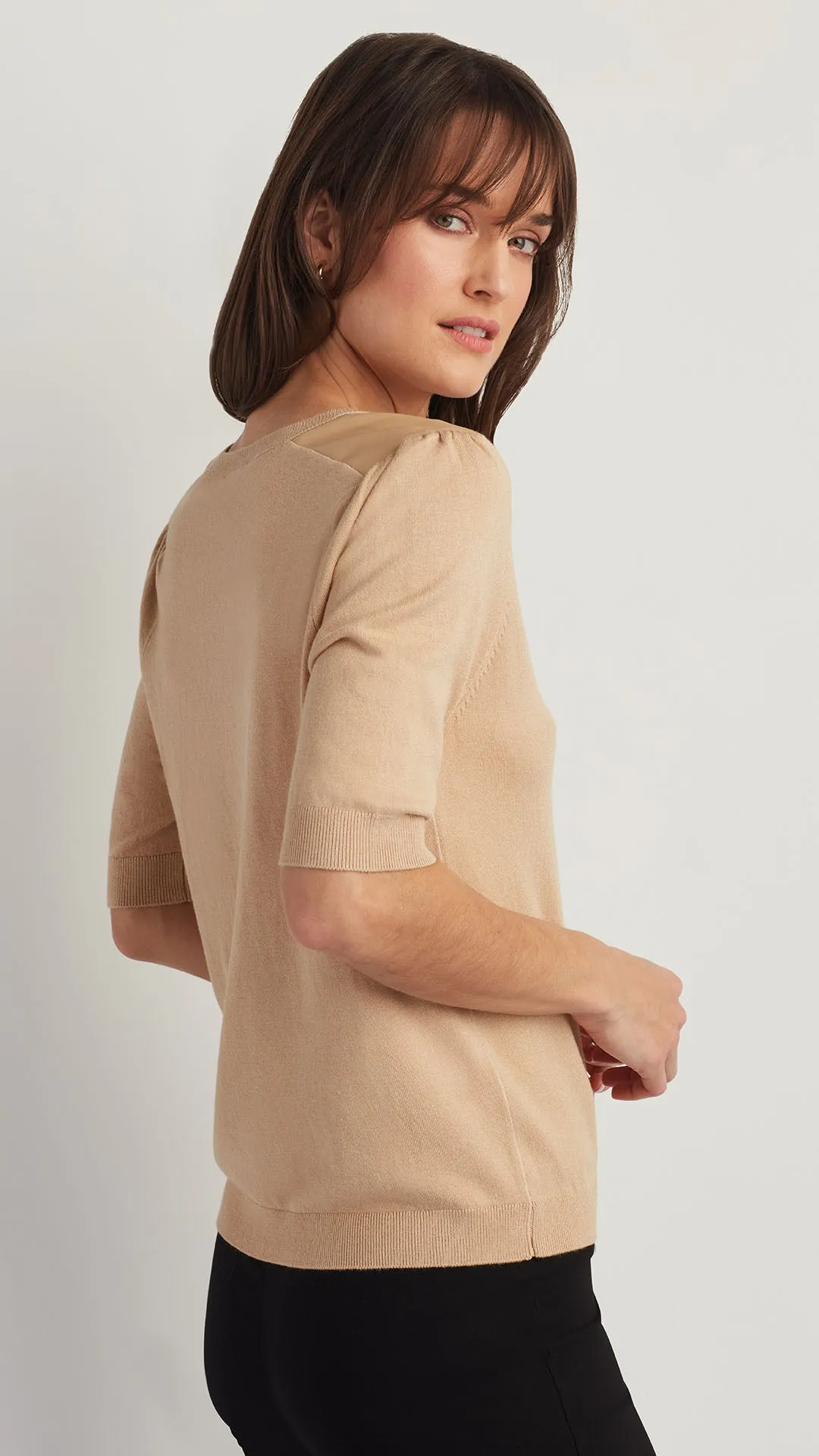 FAUX LEATHER TRIM SWEATER