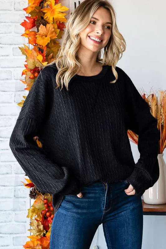 Jordan - Cable Knit Drop Shoulder Pullover Sweater - Black