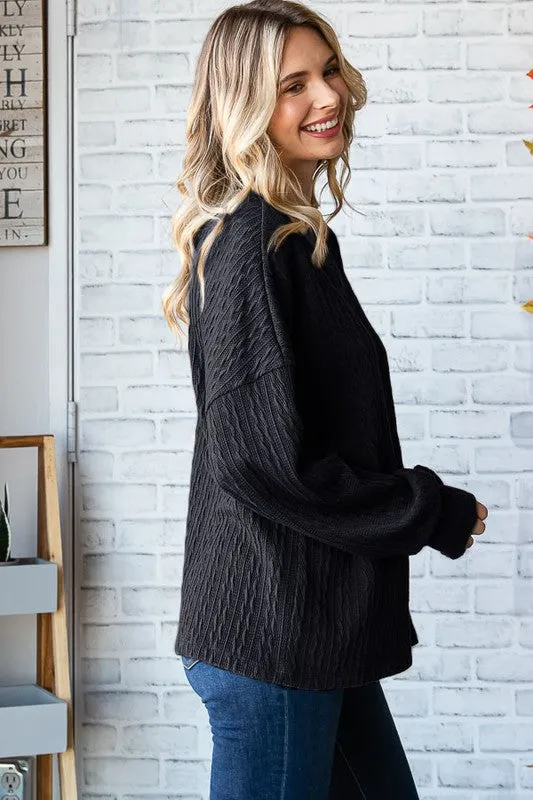 Jordan - Cable Knit Drop Shoulder Pullover Sweater - Black