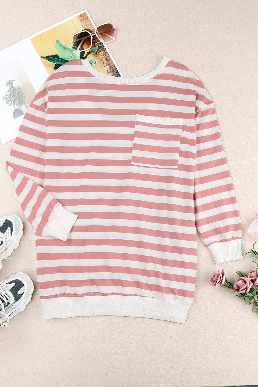 Loose O Neck Long Sleeve Office Female Pocket Tops