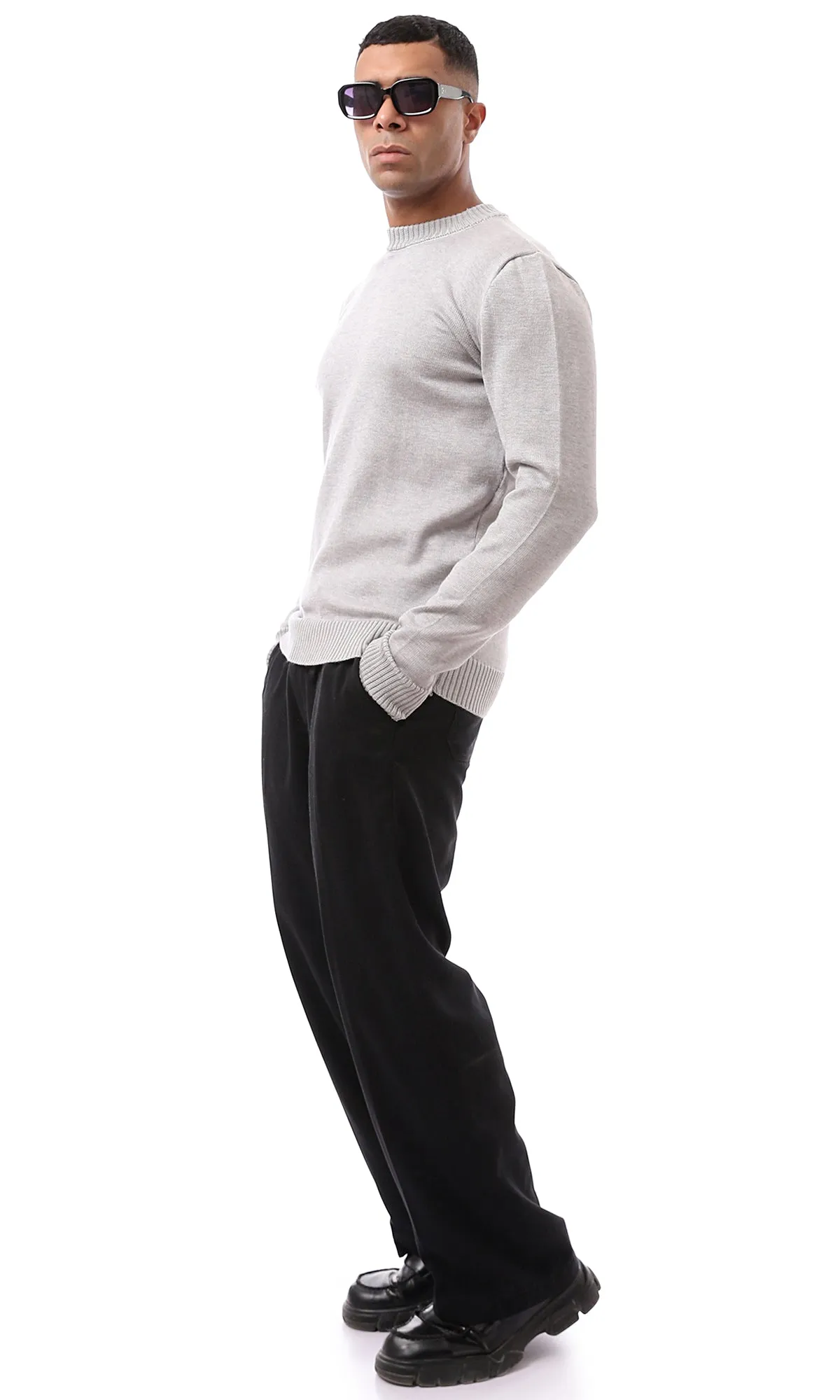 O170216 Grey Ribbed Neck And Cuffs Basic Pullover
