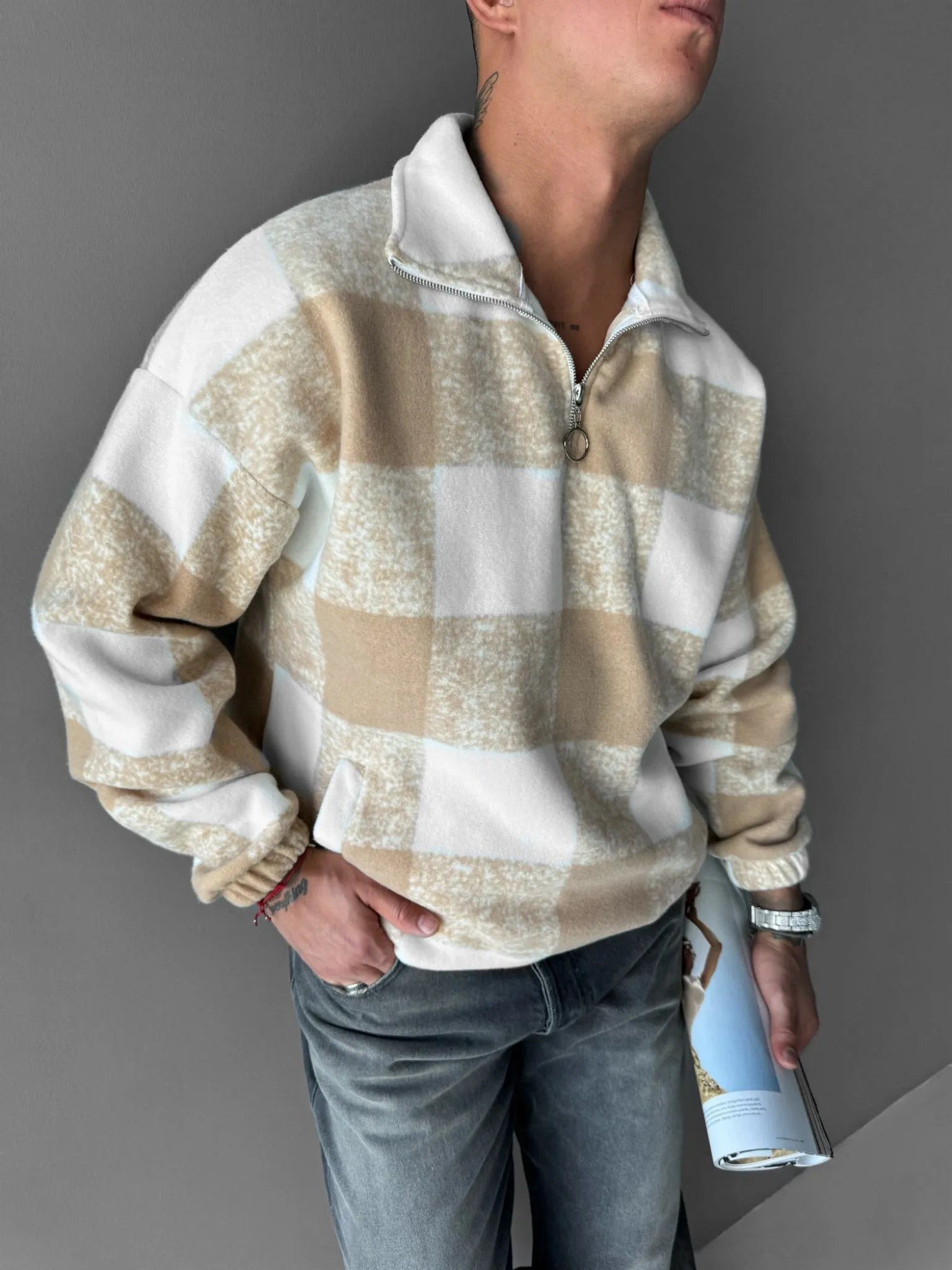 Oversize Checked Zipper Pullover - Beige