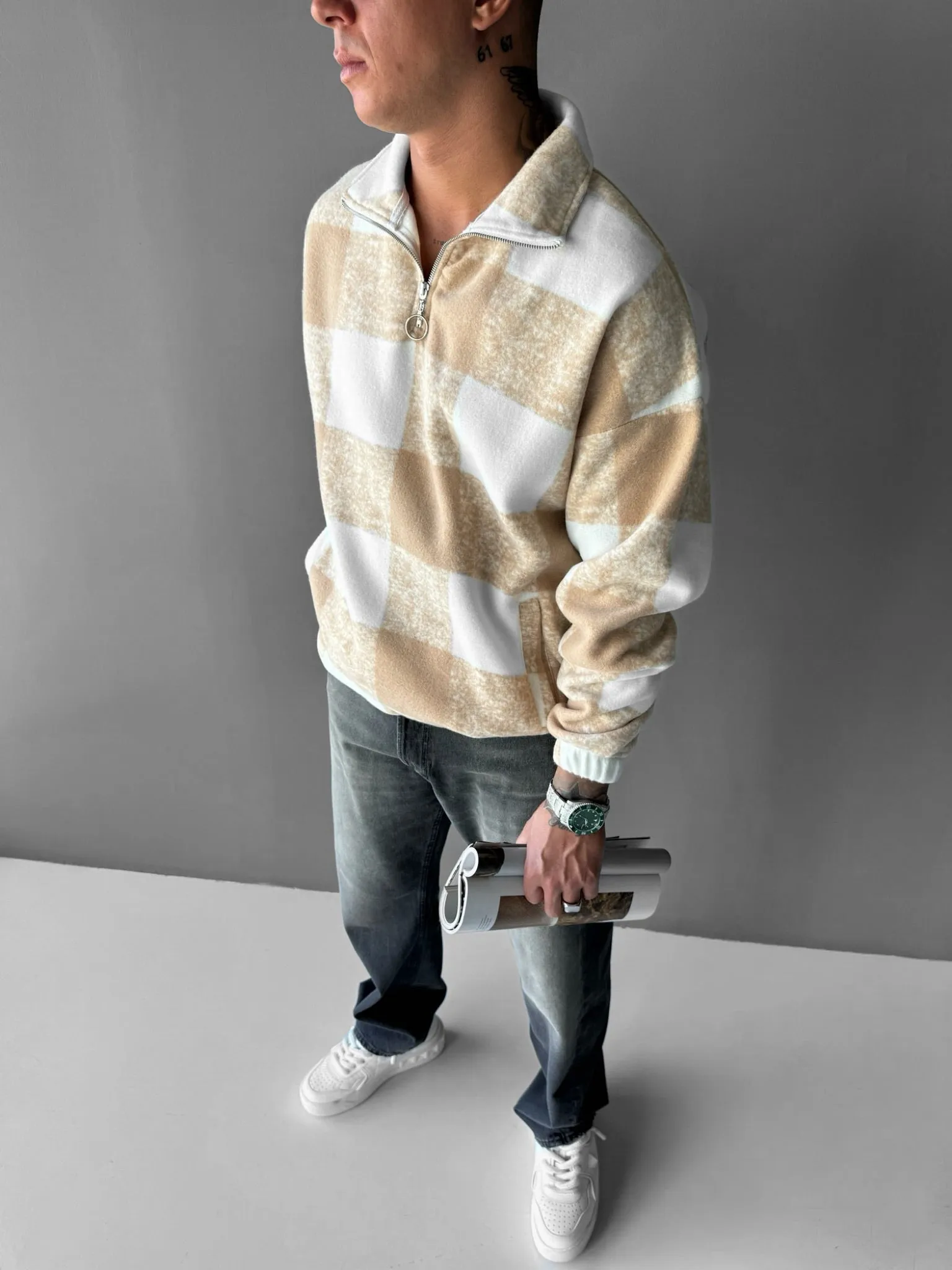 Oversize Checked Zipper Pullover - Beige