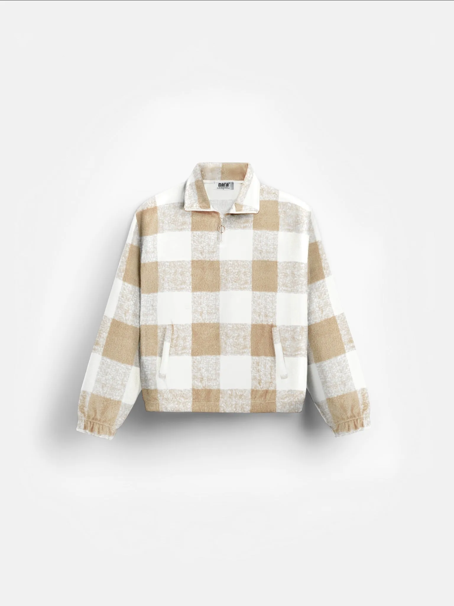 Oversize Checked Zipper Pullover - Beige