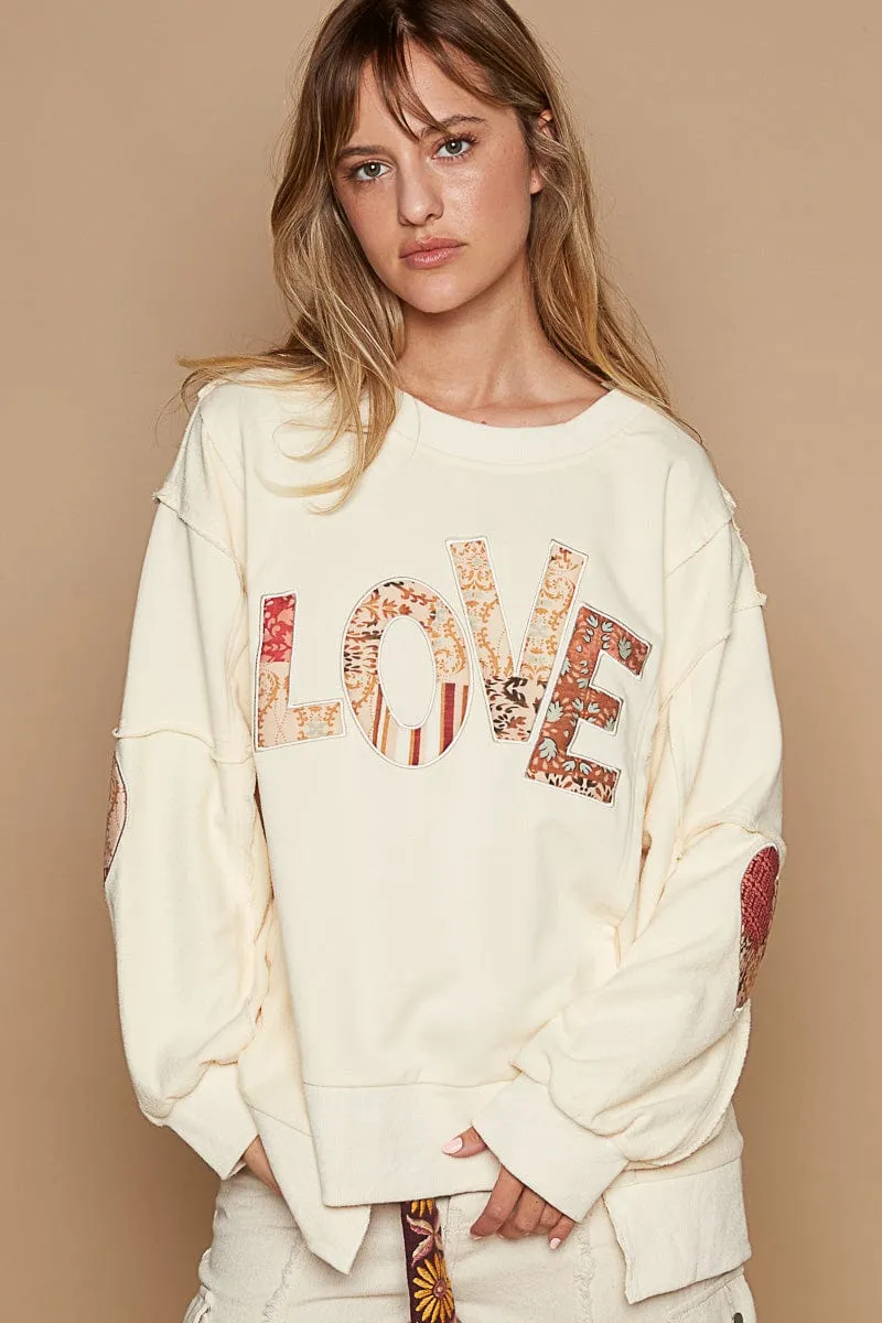 POL L.O.V.E. Letter and Heart Quilted Patch French Terry Balloon Sleeve Pullover Top