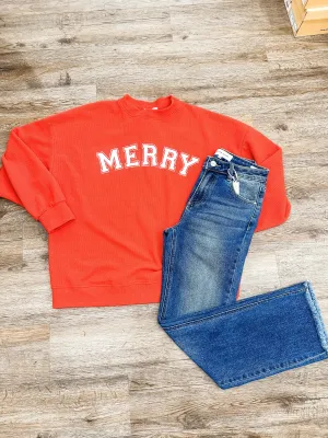 Red Merry Stencil Cloudy Knit Long Sleeve Graphic Pullover