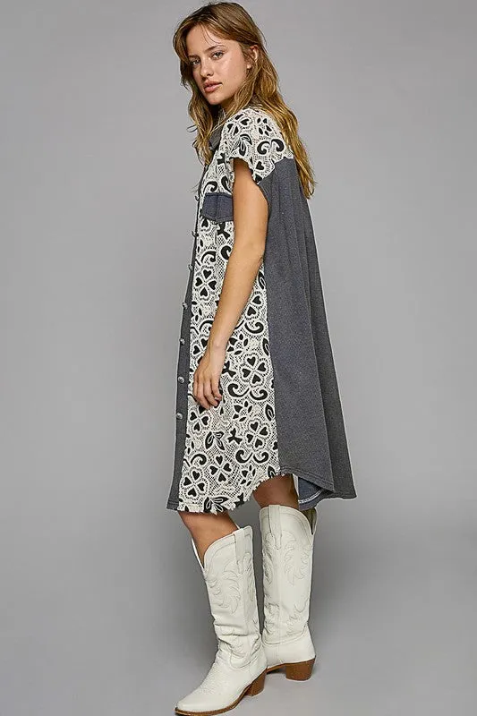 Swept Away Crochet Overlay Button Front Short Sleeve Shirt Dress