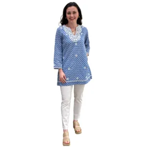 The Key Largo Tunic in Blue and White Petite Floral Hand Blocked